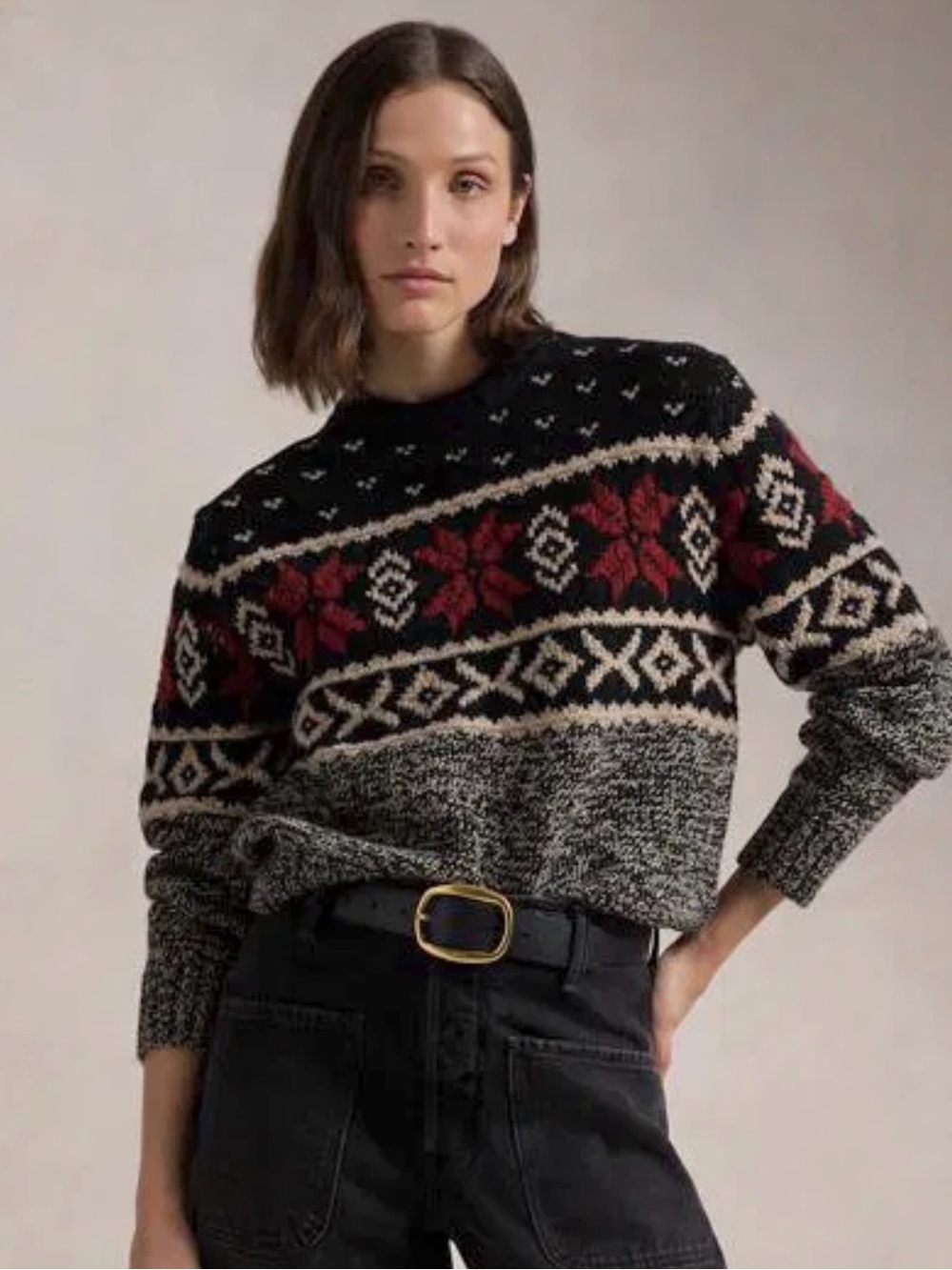 Ralph Lauren Sweater Hand Knit Snowflake Fair Isle Holiday Wool Silk Black Sz M